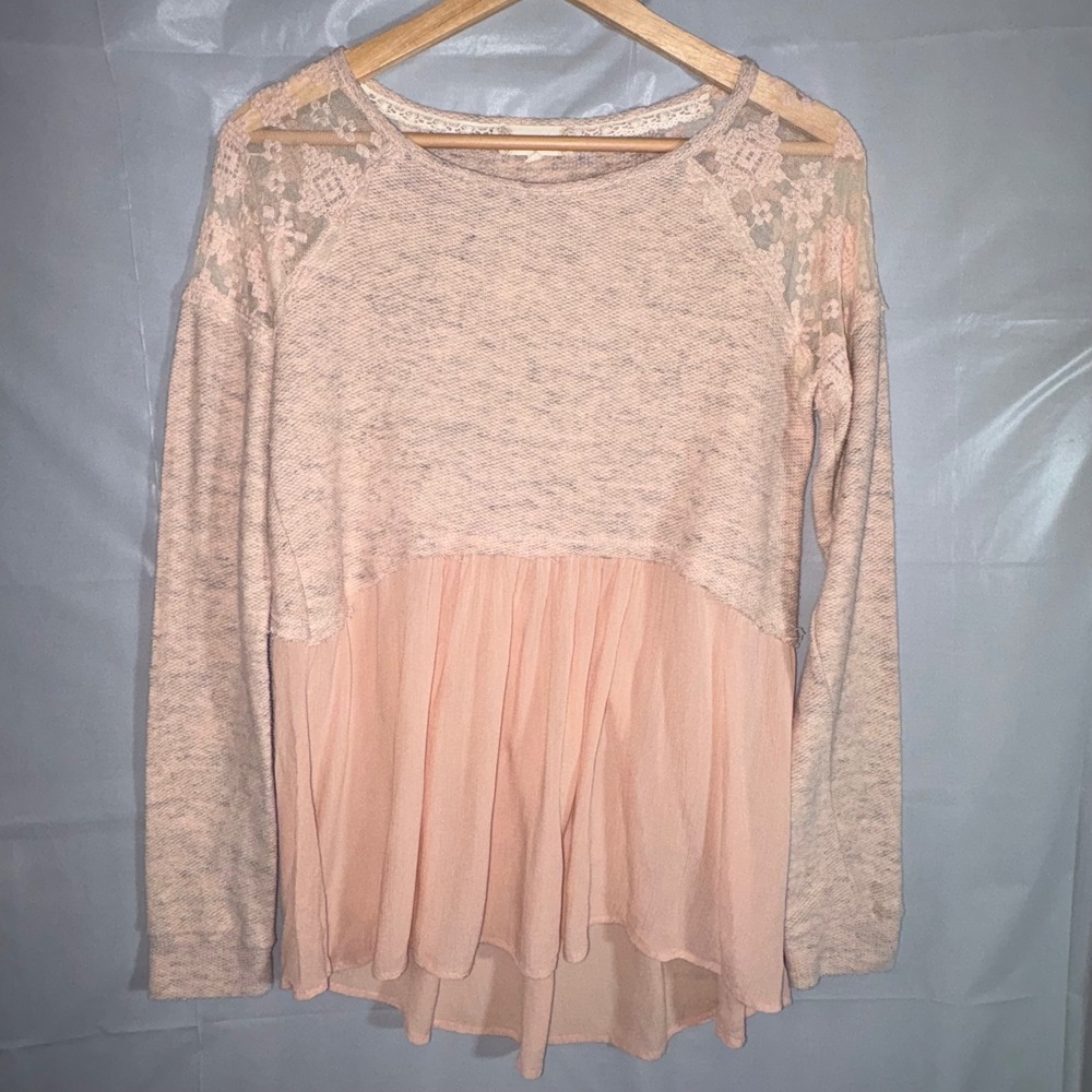 Altar'd State Womens Top Medium Peach Pink Lace Mixed Media Tunic Long Sleeve